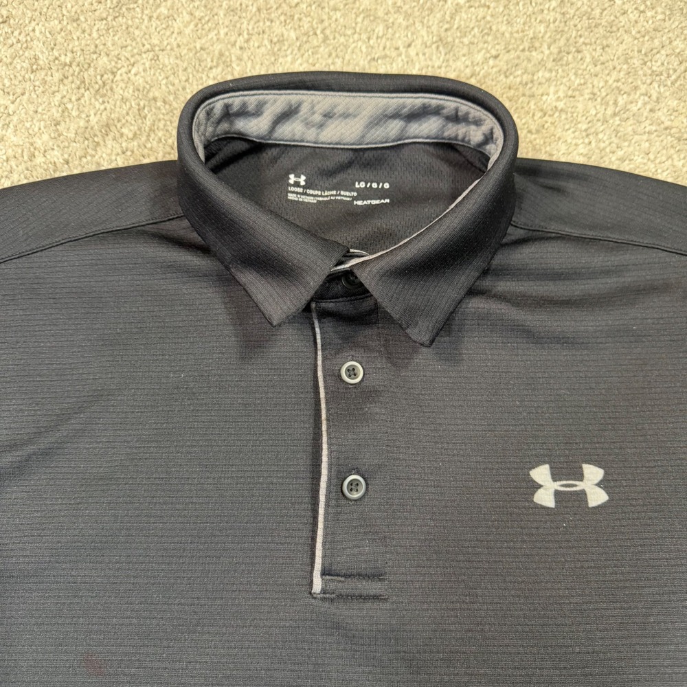 Under‎ Armour Mens L HeatGear Polo Golf Shirt Black Loose Fit Short Sleeve